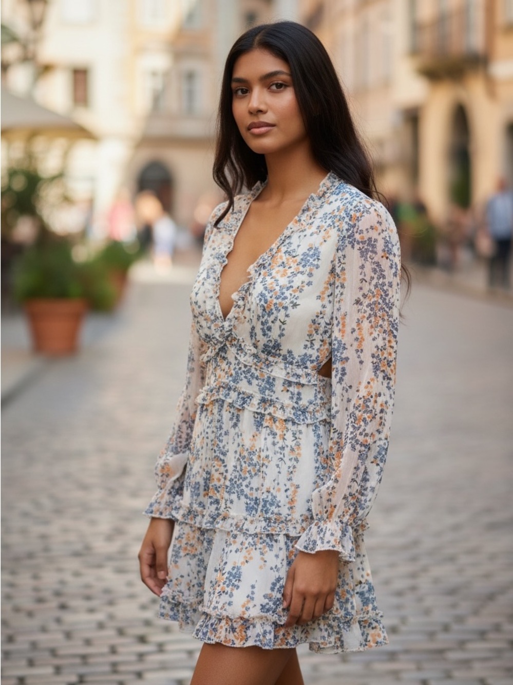 Floral Ruffle Tiered Mini Dress - Blue & white
